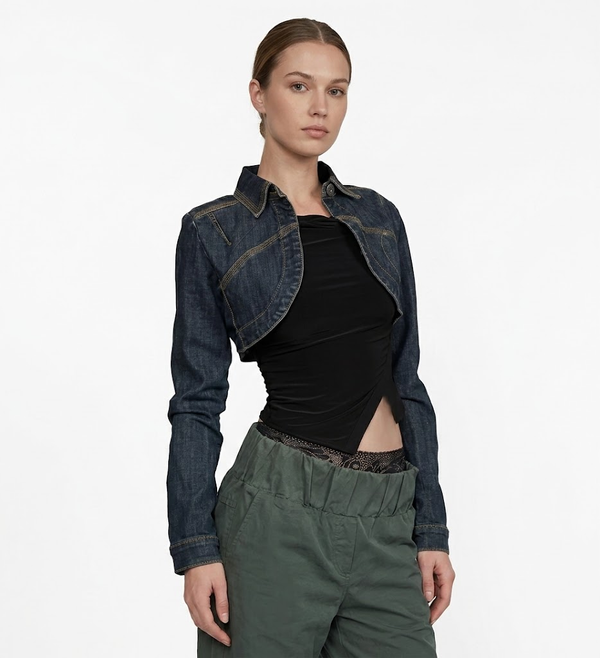 Boléro Cobalt bleu foncé femme jean denim coupe slim — Atelier Sélène — Boléro femme Atelier Sélène